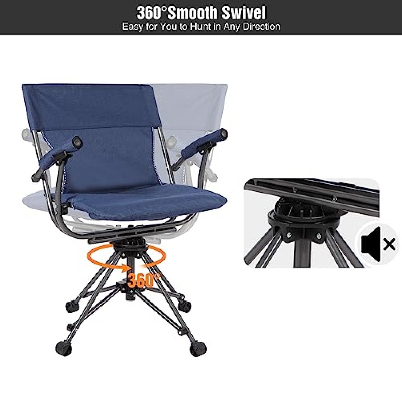 REDCAMP 360도 회전 사냥 의자, 캠핑 배낭 낚시, 블루를 위한 팔걸이가 있는 440 LBS 접이식 사냥 좌석 지원