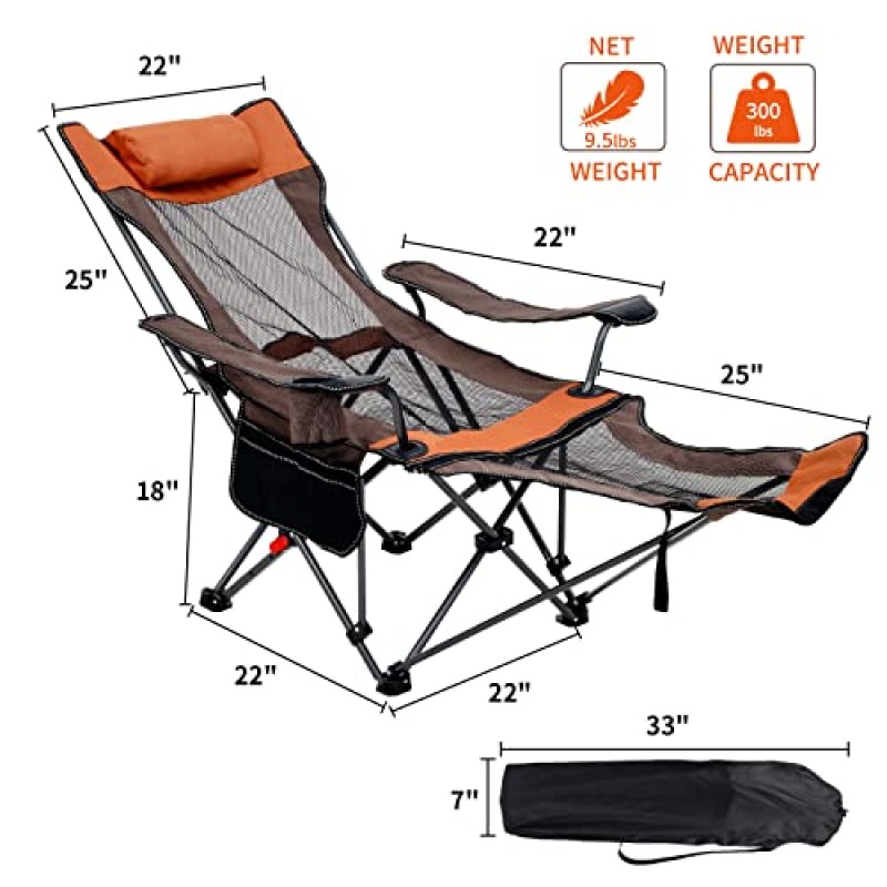 YULISKY 캠핑 라운지 의자, 3단계 리클라이닝 캠핑 의자, 발판이 있는 휴대용 캠핑 의자, 별도의 팔걸이 디자인, 300파운드용, 야외용, 해변용, 낚시(오렌지 브라운)