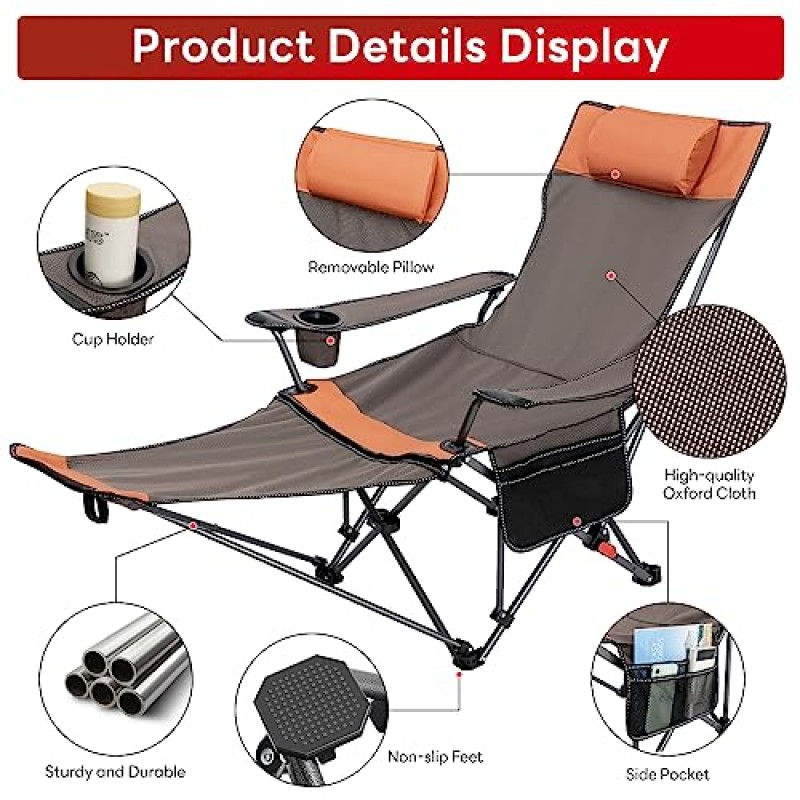 BiANYC 캠핑 의자 휴대용 접이식 야외 의자는 330lbs 내구성이 뛰어난 대형 팔 조절식 의자를 지원합니다. 컵 홀더와 핸드백 베개가 포함되어 있습니다. 캠핑, 낚시, 하이킹