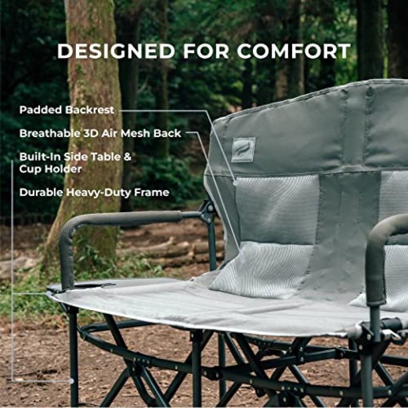 Camphor는 패딩 처리된 등받이, 사이드 테이블이 있는 대형 더블 휴대용 접이식 감독의 2인용 의자를 디자인합니다 | 야외 스포츠, 해변, 잔디밭, 사냥, 뒤따라가기, 낚시| 300파운드/좌석 지원