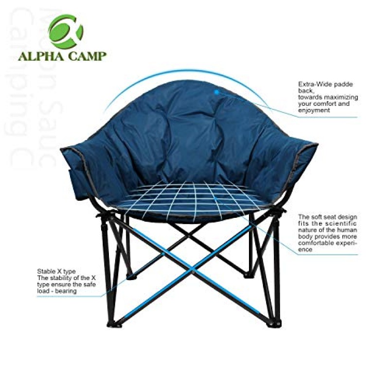 ALPHA CAMP 대형 캠핑 의자 접이식 컵 홀더 및 운반용 가방이 포함된 패딩 처리된 달 원형 의자 접시 안락 의자
