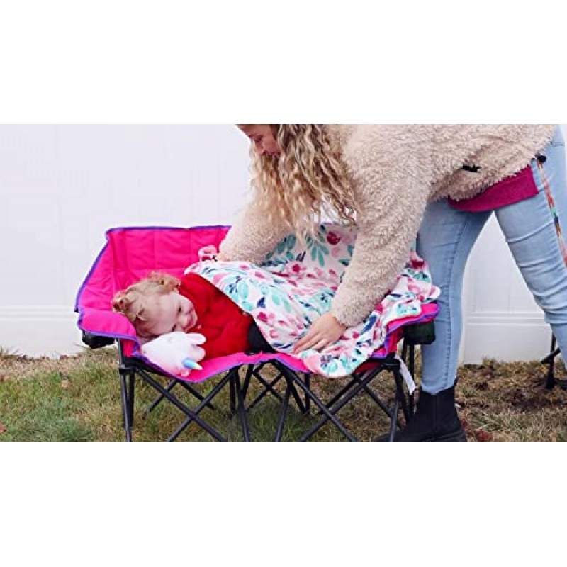 SUNNYFEEL 어린이 접이식 더블 캠핑 의자, 휴대용 어린이 캠핑 의자 듀오 2인용 의자, 해변/야외/여행/피크닉용 컵 홀더가 있는 패딩 처리된 접이식 잔디 의자, 접이식 캠프 의자 2인용