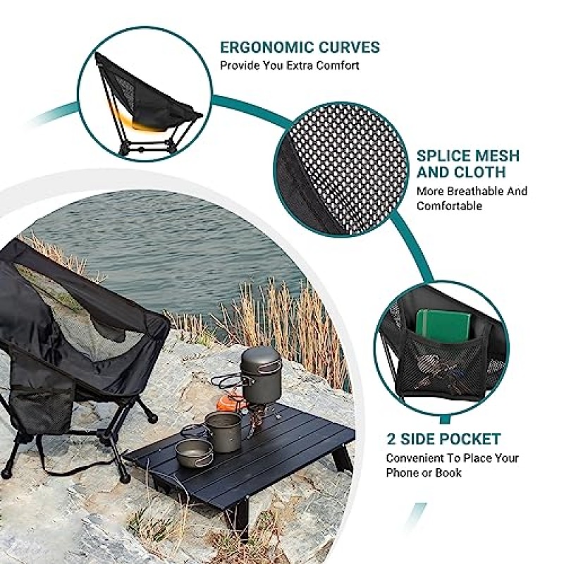 배낭 여행 하이킹을 위한 ATEPA 초경량 캠핑 의자, 성인을 위한 휴대용 소형 경량 접이식 캠프 의자 - 해변 잔디밭 여행용 바베큐 야외용 침몰 방지 다리가 있는 사각형 알루미늄 프레임