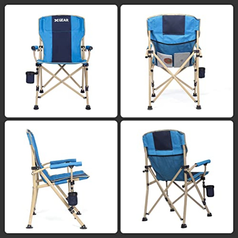 패딩 처리된 단단한 팔걸이가 있는 XGEAR 캠핑 의자, 컵 홀더가 있는 견고한 접이식 캠프 의자, 메쉬 보관 가방, 성인용 400파운드 지원 2팩(밝은 파란색)