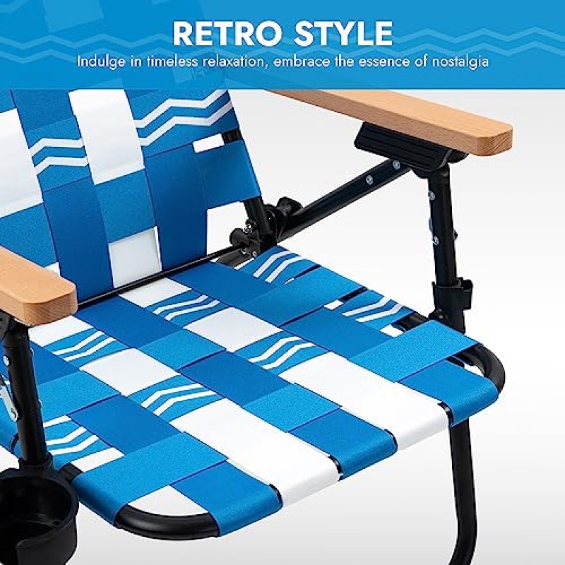 쿨러 백이 포함된 Dowinx 비치 체어, 백팩 스트랩이 포함된 접이식 캠핑 의자, 하이 백 3 위치 리클라이닝 야외 의자 알루미늄 프레임(블루)