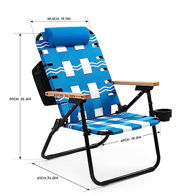 쿨러 백이 포함된 Dowinx 비치 체어, 백팩 스트랩이 포함된 접이식 캠핑 의자, 하이 백 3 위치 리클라이닝 야외 의자 알루미늄 프레임(블루)