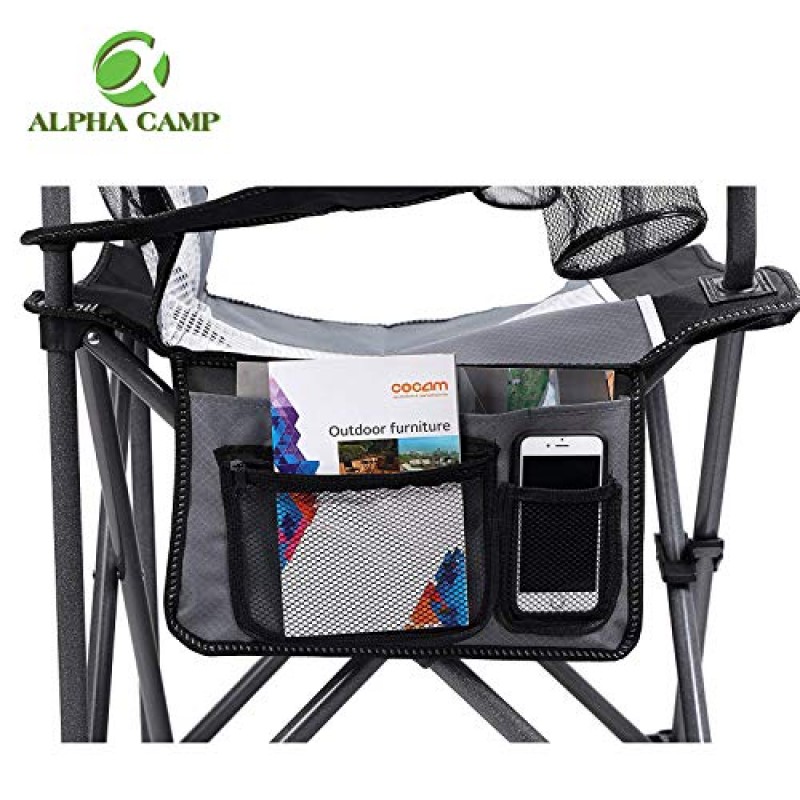 ALPHA CAMP 대형 메쉬 백 캠핑 접이식 의자 헤비 듀티 지원 350 LBS 접이식 강철 프레임 쿼드 의자 컵 홀더가 있는 패딩 처리된 팔 의자 야외용 휴대용