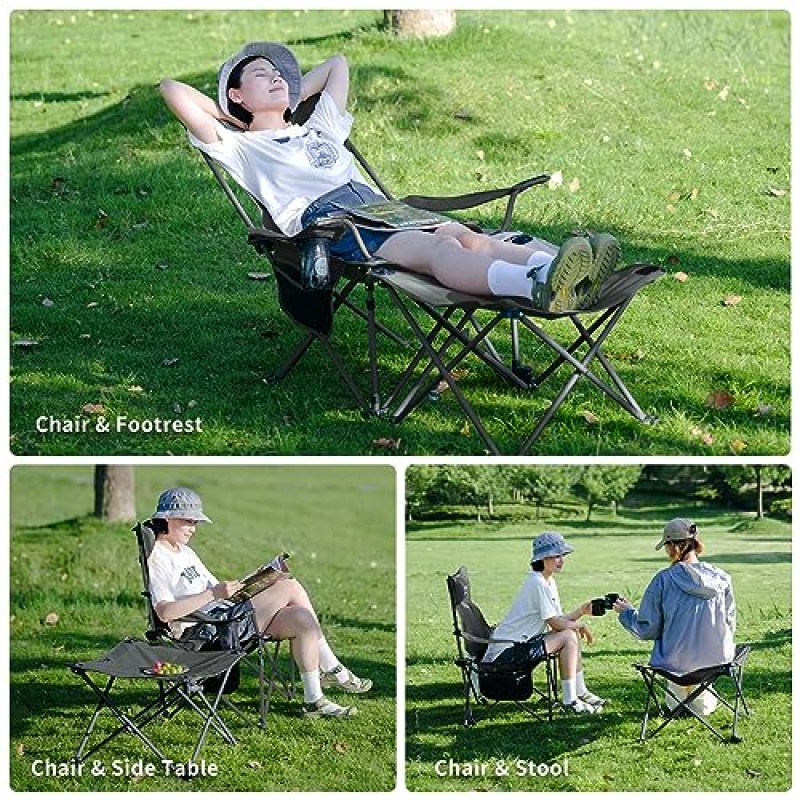 네이처하이크 3-in-1 리클라이닝 캠핑 의자, 분리 가능한 발판/테이블/스툴, 머리 받침대, 컵 홀더 및 보관 가방이 있는 접이식 휴대용 라운지 의자, 휴대용 가방이 있는 조절 가능한 캠핑 의자 안락 의자