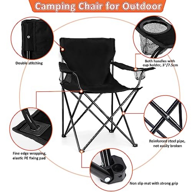 Leonyo 테이블이 있는 2개 캠핑 의자, 외부 및 휴대용 캠핑 테이블용 접이식 의자, 낚시, 피크닉, 하이킹, 스포츠, 잔디밭, 여행을 위한 성인용 대형 헤비 듀티 접이식 의자 - 블랙