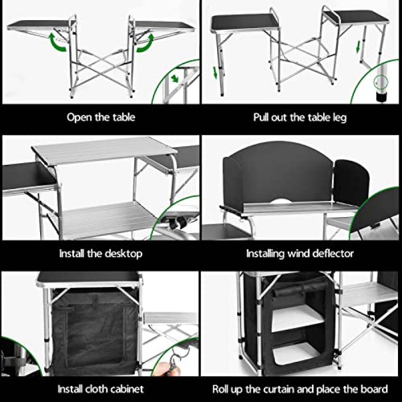 Seatopia 접이식 캠핑 주방 테이블(2개 수납 가능), 접이식 그릴 테이블(앞유리 포함), 야외 피크닉 뒷마당 해변용 알루미늄 휴대용 캠프 쿡 스테이션, 블랙