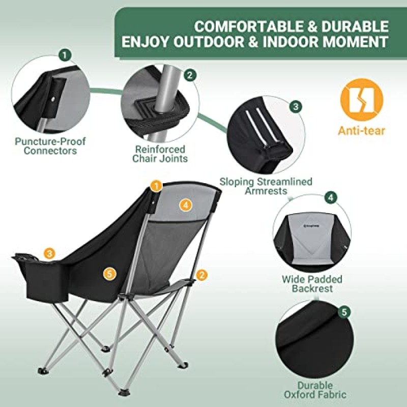KingCamp 특대 캠핑 접이식 패딩 시트(쿨러 백 및 팔걸이 컵 홀더 포함), 블랙&다크 그레이, 소파 의자
