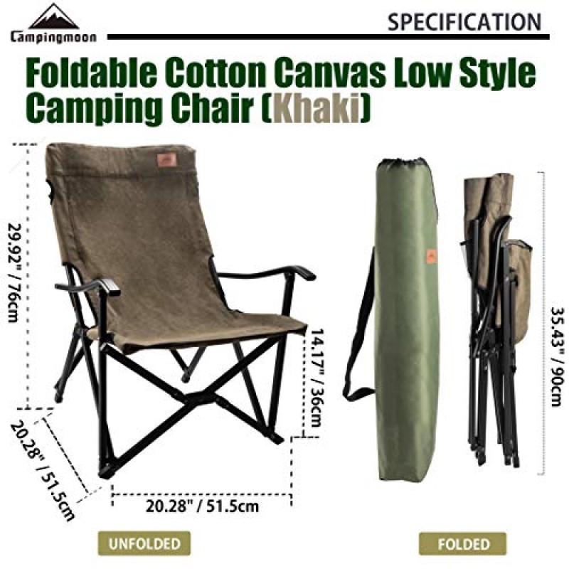 CAMPINGMOON 접이식 코튼 캔버스 캠프 파이어 모닥불 오픈 파이어 구덩이 캠핑 의자 로우 스타일 의자 카키 F-1003C-K