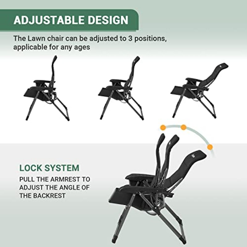 KingCamp 리클라이닝 캠핑 접이식 의자, 패딩 처리된 요추 지지대 정원 잔디 테라스 야외 캠프용 캐리 스트랩 포켓이 있는 헤비 듀티 하이 백 성인 의자 블랙
