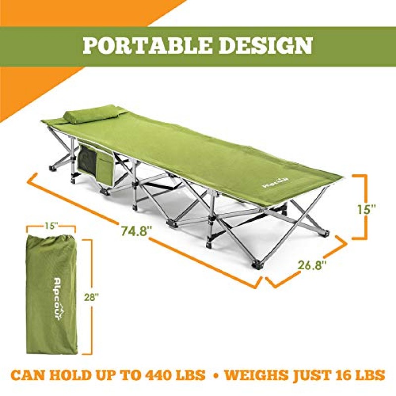 Alpcour 접이식 캠핑 간이 침대 – 실내 및 실외 사용을 위한 베개가 포함된 가방에 들어 있는 매우 강력한 1인용 소형 접이식 침대 – 디럭스 편안하고 견고한 추가 디자인으로 성인 및 어린이 최대 440파운드 수용 가능