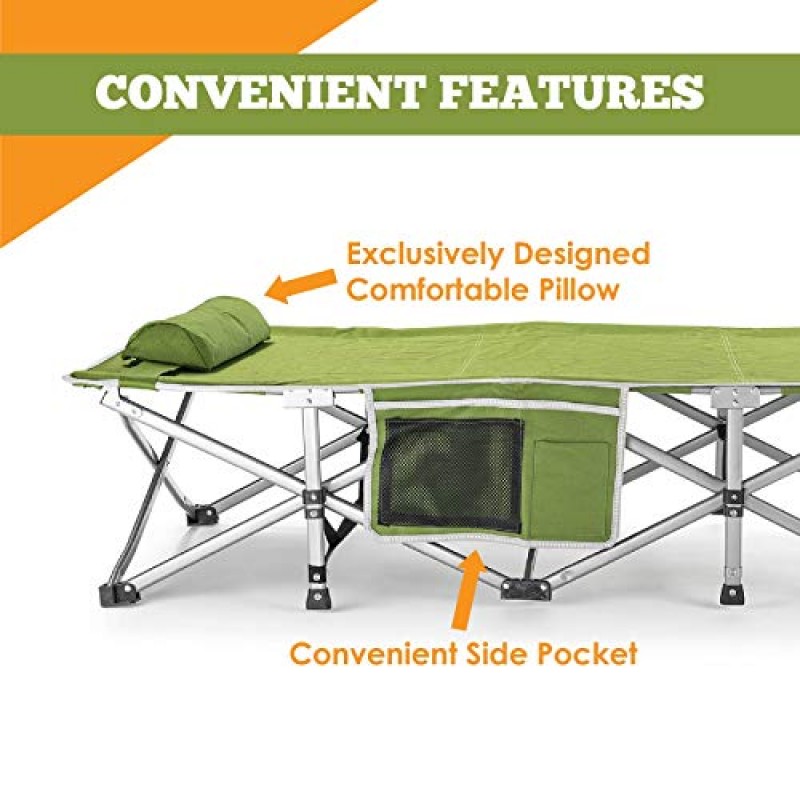 Alpcour 접이식 캠핑 간이 침대 – 실내 및 실외 사용을 위한 베개가 포함된 가방에 들어 있는 매우 강력한 1인용 소형 접이식 침대 – 디럭스 편안하고 견고한 추가 디자인으로 성인 및 어린이 최대 440파운드 수용 가능
