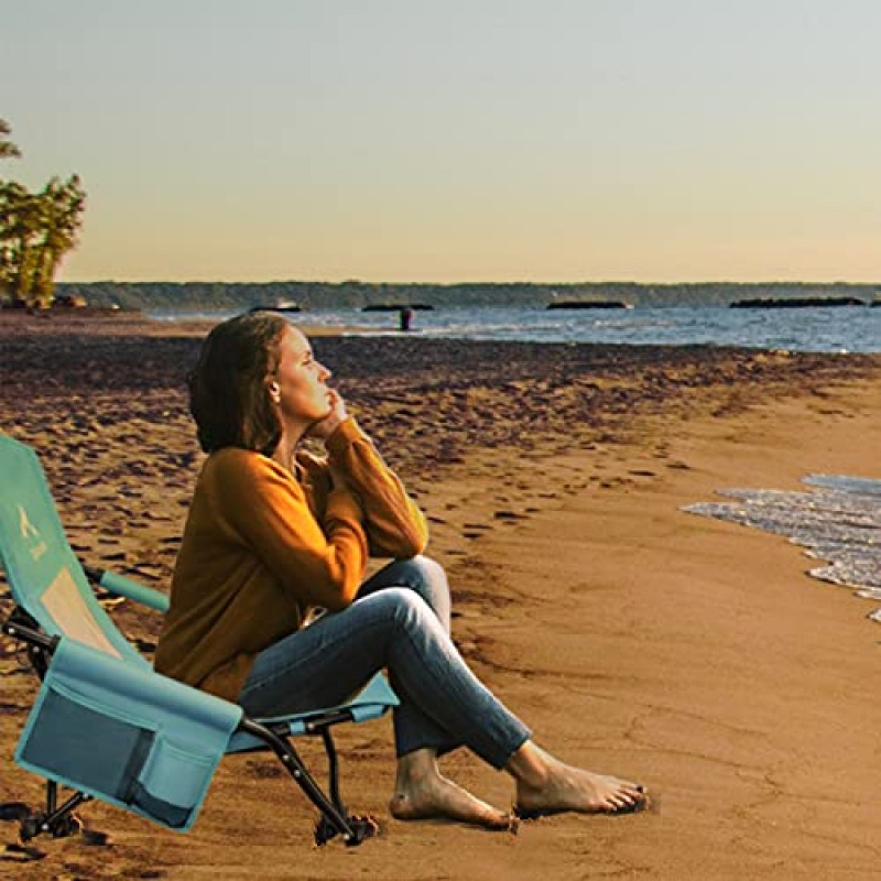 해변 텐트 및 대피소 및 캠핑용 Oileus 로우 비치 의자 | 컵 홀더 및 보관 가방, 운반 가방, 브리즈 메쉬 백, 컴팩트 듀티 블루 1개를 갖춘 야외 초경량 배낭 접이식 안락의자 의자