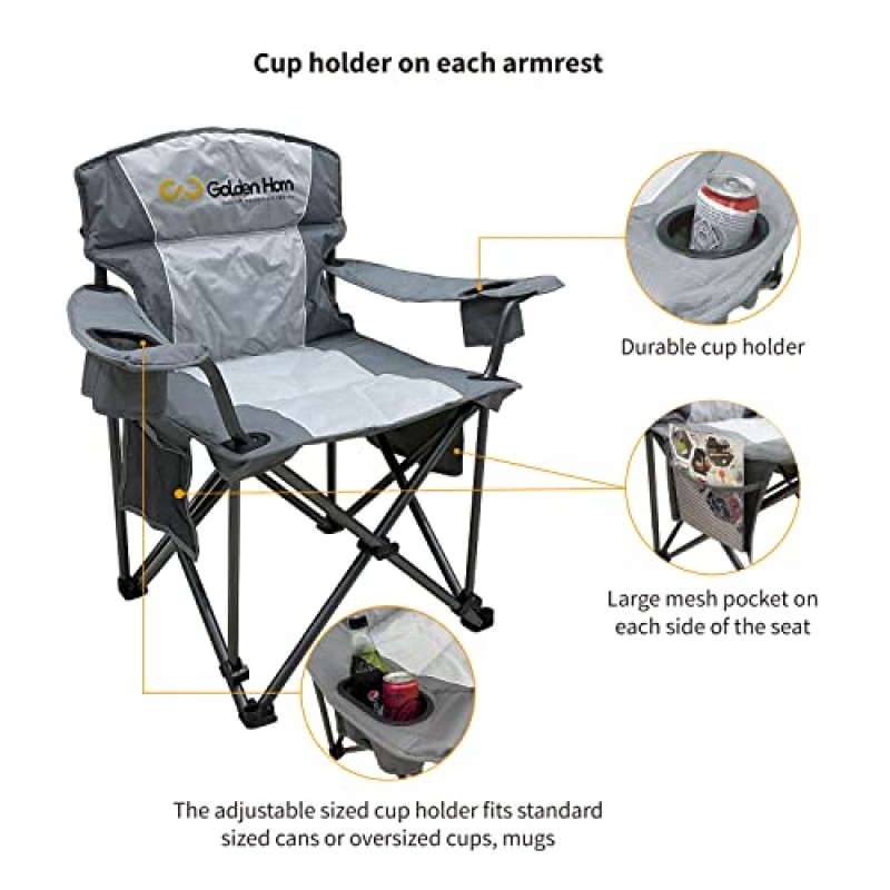 야외 대형 캠핑 접이식 의자 헤비 듀티 지원 500 LBS 대형 강철 프레임 접이식 패딩, 컵 홀더가 있는 팔 의자 쿼드 요추, 회색 황금 경적