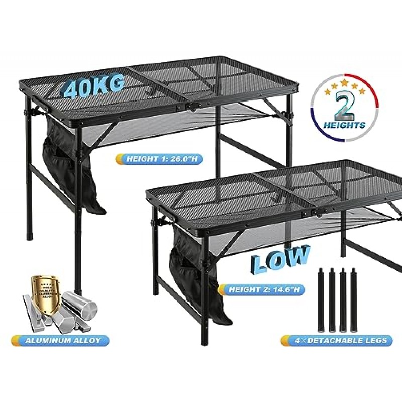 메쉬 백이 포함된 SKIKEN 접이식 피크닉 테이블, 야외 캠핑 테이블/그릴 테이블, 스틸 메쉬 데스크탑, 높이 조절 가능 2개, 야외 활동용 휴대용 손잡이, 중간 크기(2.95피트, 검정색)