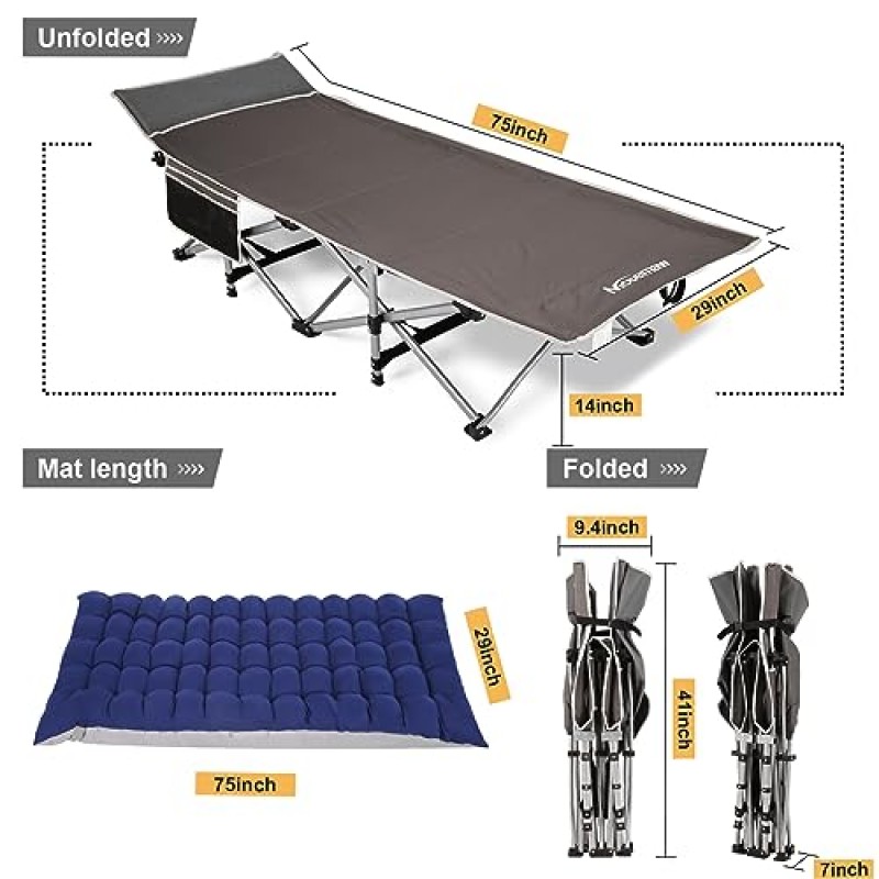 Nictemaw 캠핑 침대, 편안한 매트리스 포함 900 LBS 듀티 더블 레이어 옥스포드 야외/사무실/가정용 경량 휴대용 접이식 침대, 회색