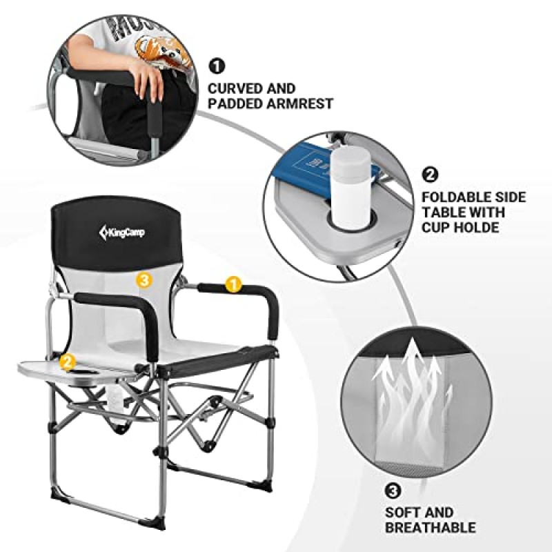 KingCamp 휴대용 디렉터 캠핑 접이식 의자 손잡이와 사이드 테이블 지원이 있는 하드 암 300lbs 해변 일광욕 뒷마당 야외 사용에 적합, 단일 사이즈, 검정/중간Grey-2 팩