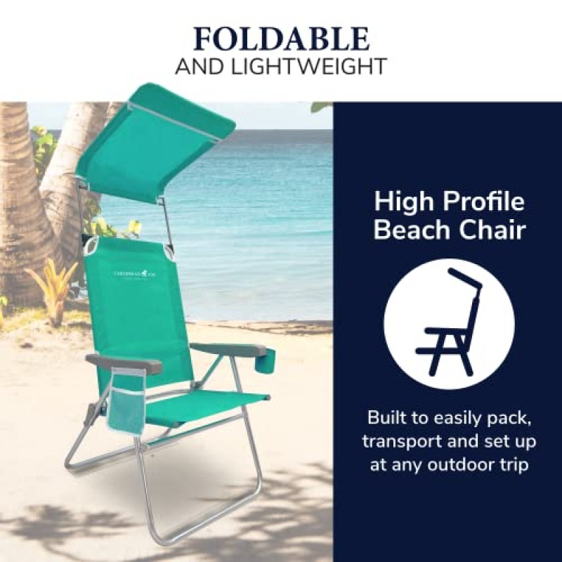 Caribbean Joe 접이식 해변 의자, 캐노피가 있는 1위치 하이백 야외 캠핑 의자, 경량 및 휴대용, 청록색