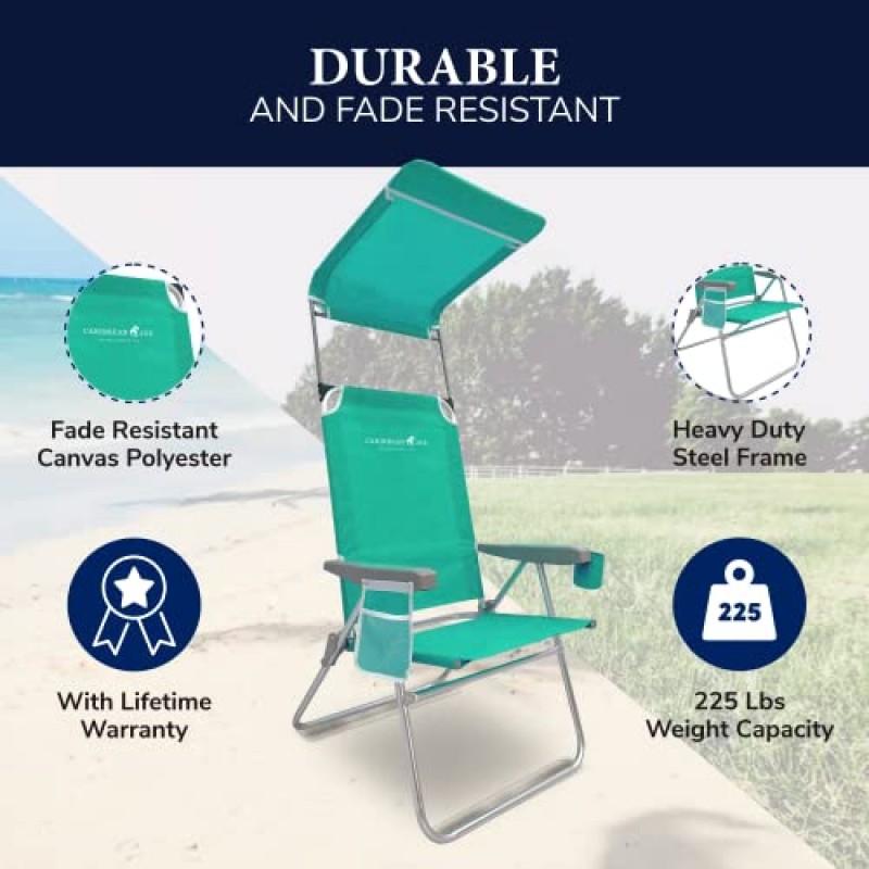 Caribbean Joe 접이식 해변 의자, 캐노피가 있는 1위치 하이백 야외 캠핑 의자, 경량 및 휴대용, 청록색