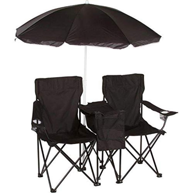 Trademark Innovations 탈착식 우산과 쿨러가 포함된 이중 접이식 캠프 및 비치 체어, 블랙