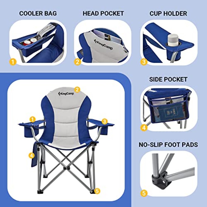 KingCamp 요추 지지대 쿨러 백이 있는 캠핑 의자 조정 가능한 팔걸이가 있는 성인용 패딩 접이식 캠핑 의자 접이식 캠프 의자 컵 홀더 피크닉 낚시를 위한 측면 및 헤드 포켓, 최대 353lbs