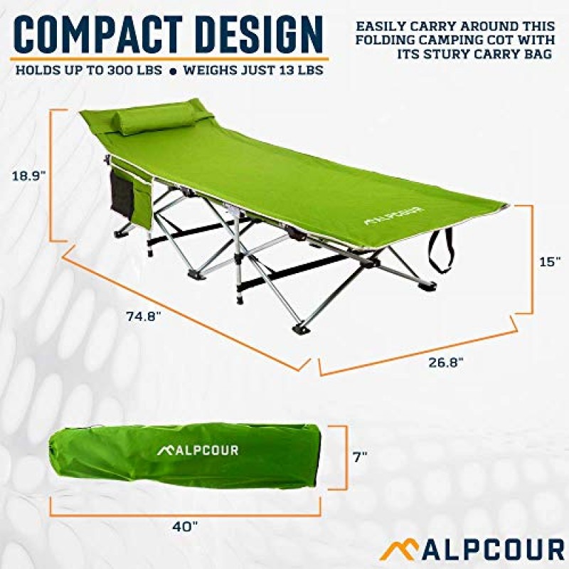 Alpcour 접이식 캠핑 침대 - 실내 및 실외 사용을 위한 베개가 포함된 가방에 들어 있는 디럭스 접이식 1인용 침대 - 초경량, 편안하고 튼튼한 디자인으로 성인과 어린이를 최대 300파운드 수용 가능