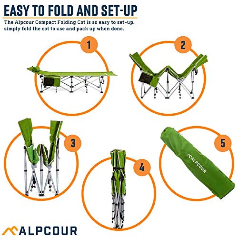 Alpcour 접이식 캠핑 침대 - 실내 및 실외 사용을 위한 베개가 포함된 가방에 들어 있는 디럭스 접이식 1인용 침대 - 초경량, 편안하고 튼튼한 디자인으로 성인과 어린이를 최대 300파운드 수용 가능