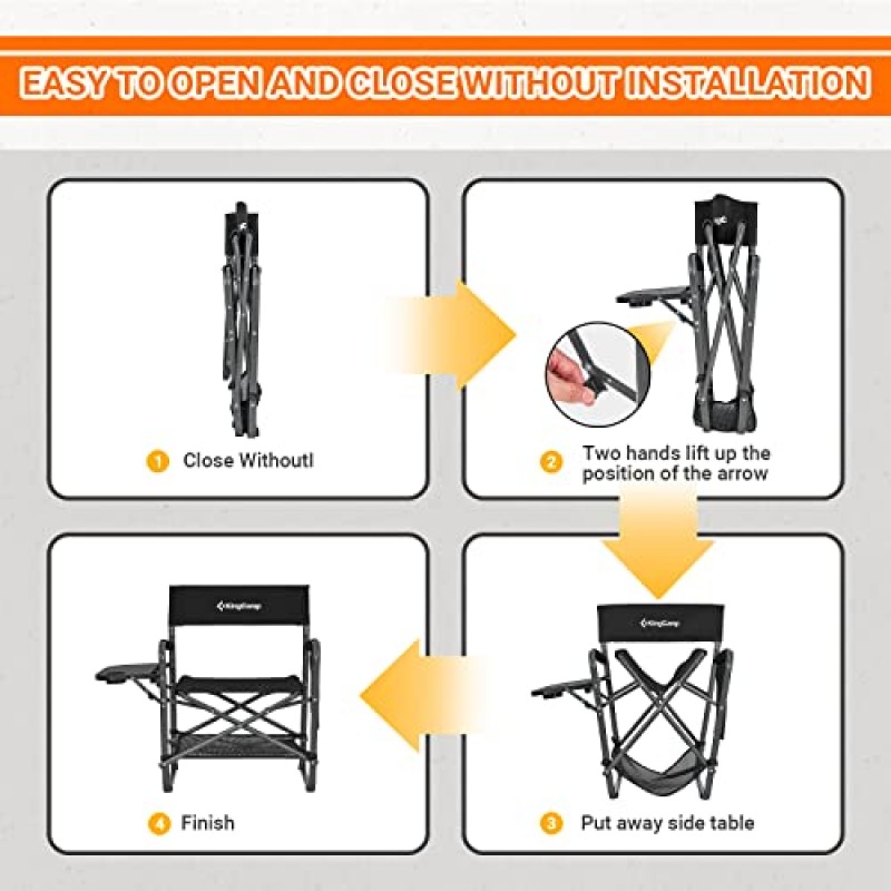 킹캠프 디렉터 의자(사이드 테이블 포함), 수납 포켓이 있는 성인용 접이식 캠핑 의자, 외부 캠핑, 잔디밭, 피크닉, 해변 및 낚시에 통기성(검은색)