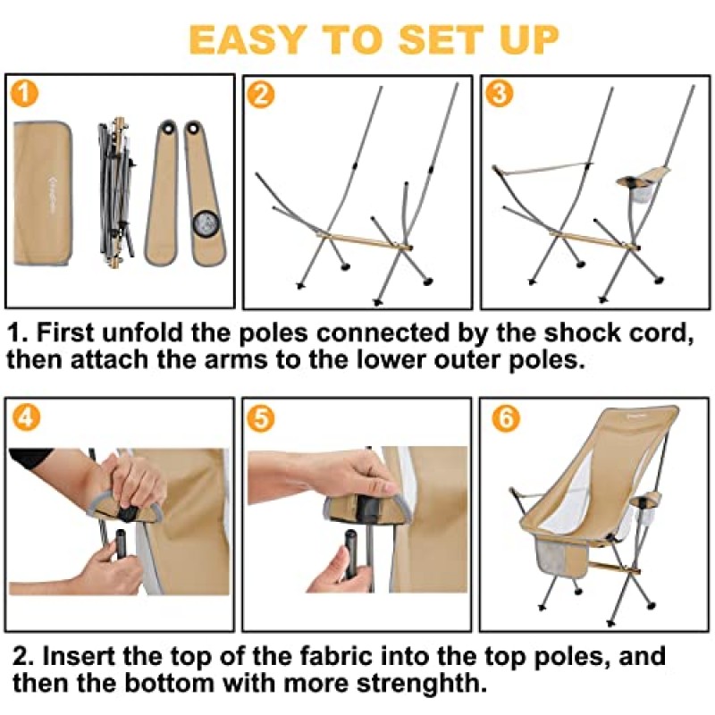 KingCamp 팔걸이가 있는 소형 캠핑 의자 성인용 초경량 하이백 배낭 의자 경량 접이식 의자 헤비 듀티 지원 265 Lbs 여행, 잔디, 축제, 카키용 휴대용