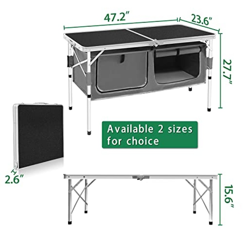 의자가 있는 YDY+YQY 캠핑 테이블, 수납 공간과 조절 가능한 다리가 있는 휴대용 접이식 캠핑 테이블, 피크닉 비치 캠프 파티 바베큐용 야외 접이식 테이블, 흰색과 회색