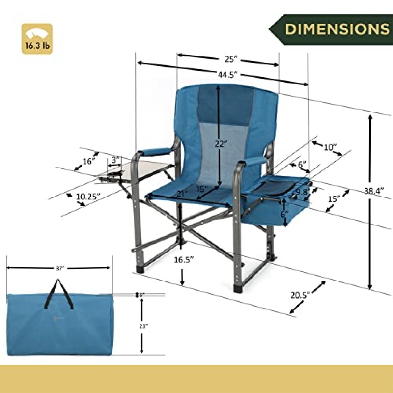 ARROWHEAD 야외 접이식 감독 의자(사이드 테이블 및 통합 쿨러 포함), 컵 홀더, 보관 파우치, 최대 450lbs 지원, 휴대용 케이스, 강철 프레임, 고급 900D 캔버스, 블루(KKS0293U)