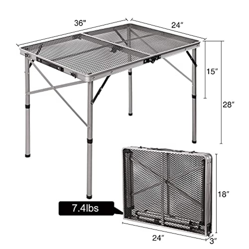 캠핑용 REDCAMP 접이식 휴대용 그릴 테이블, 외부 요리용 경량 알루미늄 금속 그릴 스탠드 테이블, 높이 조절 다리로 조립 용이, 새 실버 36
