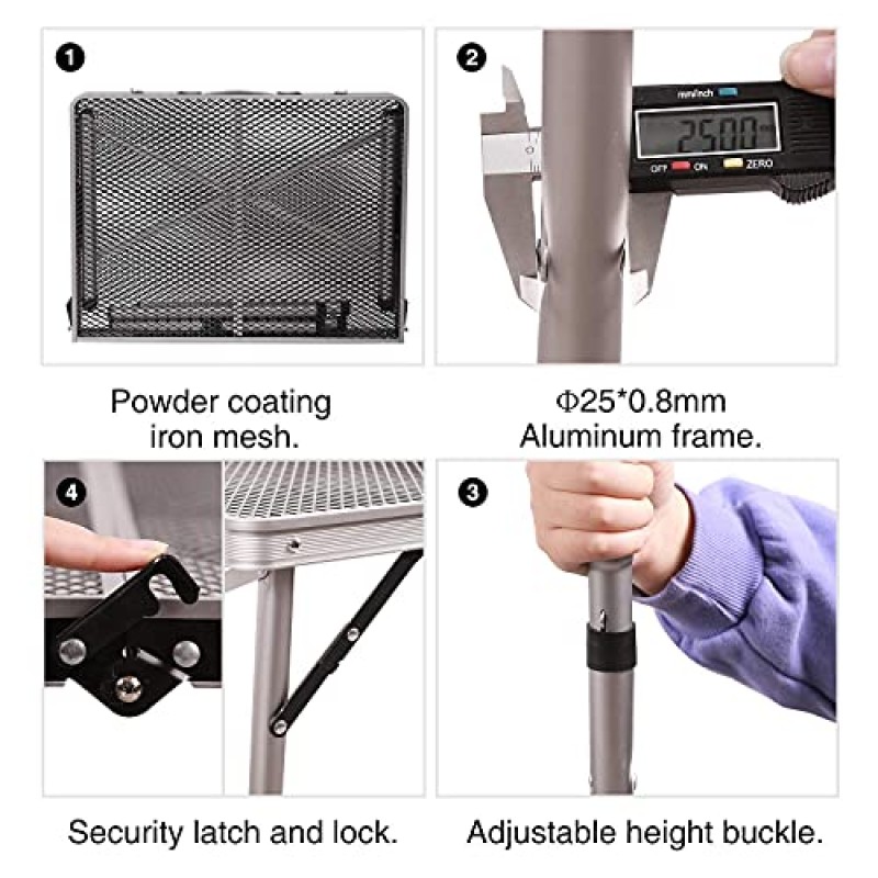 캠핑용 REDCAMP 접이식 휴대용 그릴 테이블, 외부 요리용 경량 알루미늄 금속 그릴 스탠드 테이블, 높이 조절 다리로 조립 용이, 새 실버 36