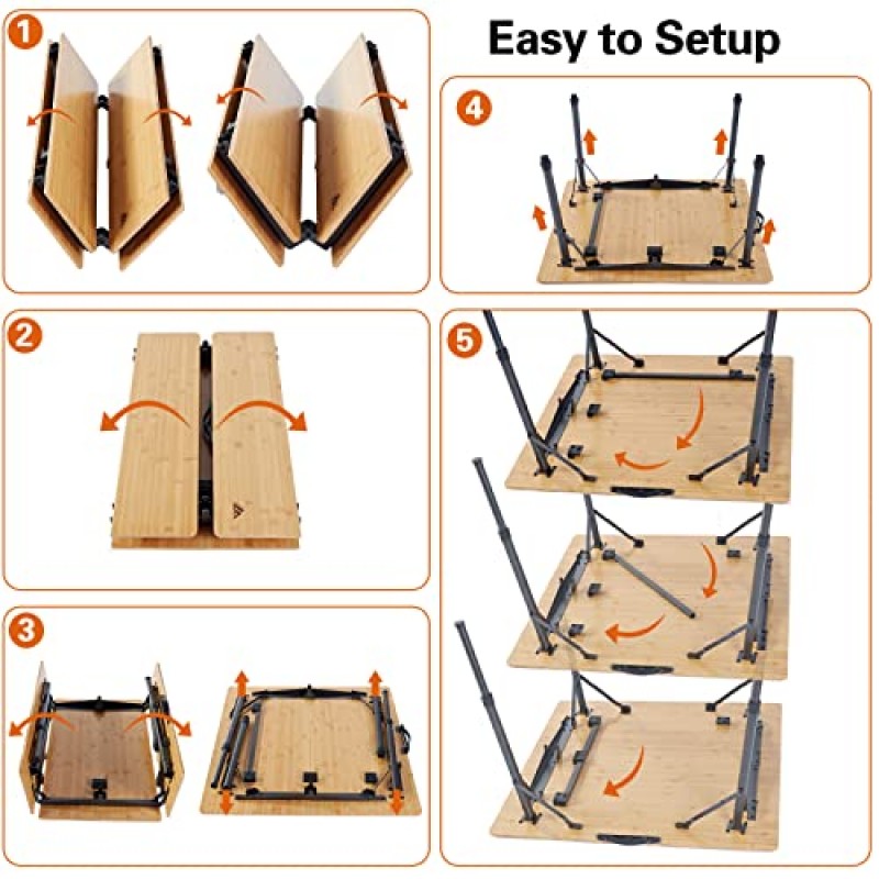 Ablazer 캠핑 테이블 손잡이가 있는 대나무 접이식 테이블, 높이 조절이 가능한 캠핑, 피크닉, 야외 및 실내용 휴대용 테이블, 4단 천연 대나무 탑(1-4인용)