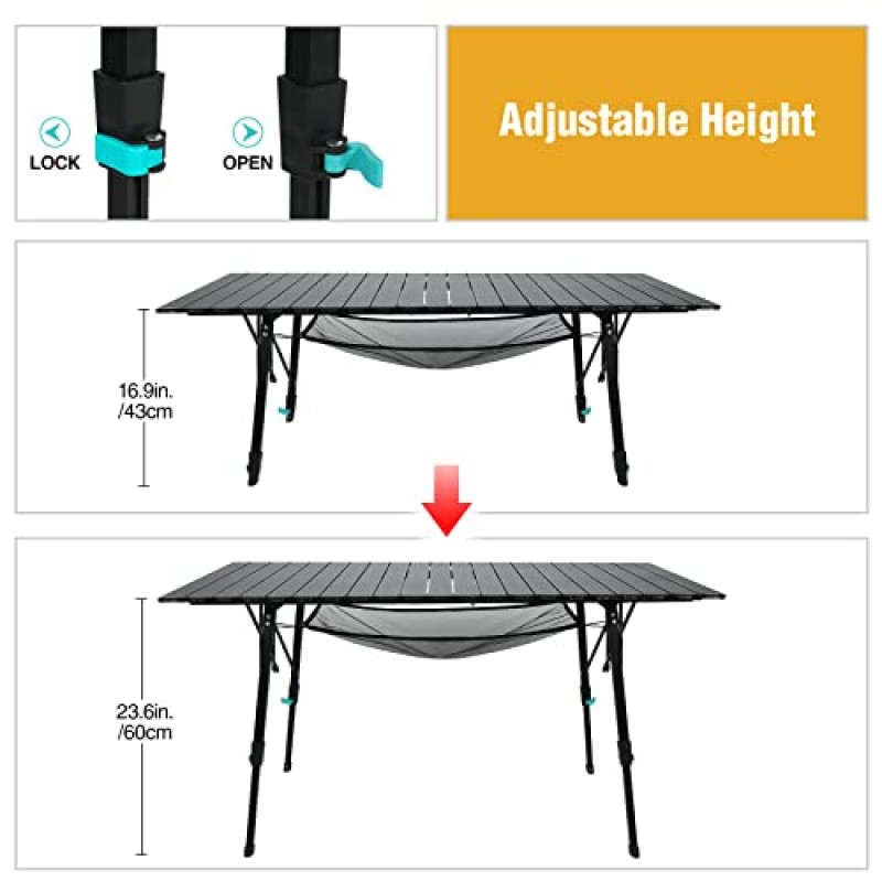 Varbucamp 알루미늄 접이식 캠핑 테이블, 메쉬 휴대용 가방과 캠핑 피크닉 하이킹 그릴용 조절 가능한 다리가 있는 경량 휴대용 롤업 테이블, 블랙, 47.2'x 27.6'