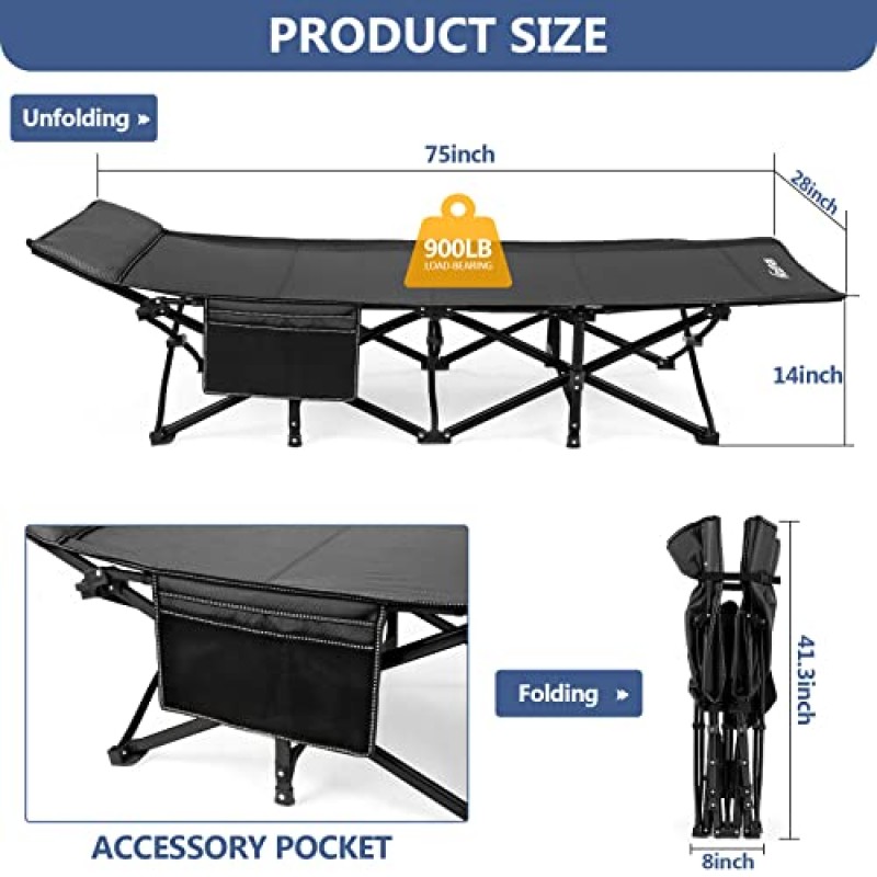 매트리스가 있는 성인용 Nictemaw 캠핑 침대 900lbs 성인용 더블 레이어 옥스포드 수면 침대, 휴대용 접이식 침대, 경량, 안정적, 내구성, 야외, 집, 사무실, 검정색