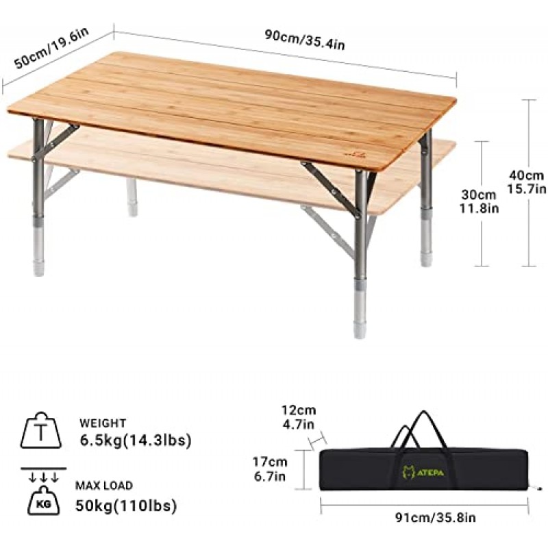 ATEPA 대나무 캠핑 테이블 높이 조절이 가능한 환경 접이식 테이블 알루미늄 다리 헤비 듀티 110lbs 여행, 피크닉, 야외 및 실내용 4배 휴대용 접이식 캠프 테이블