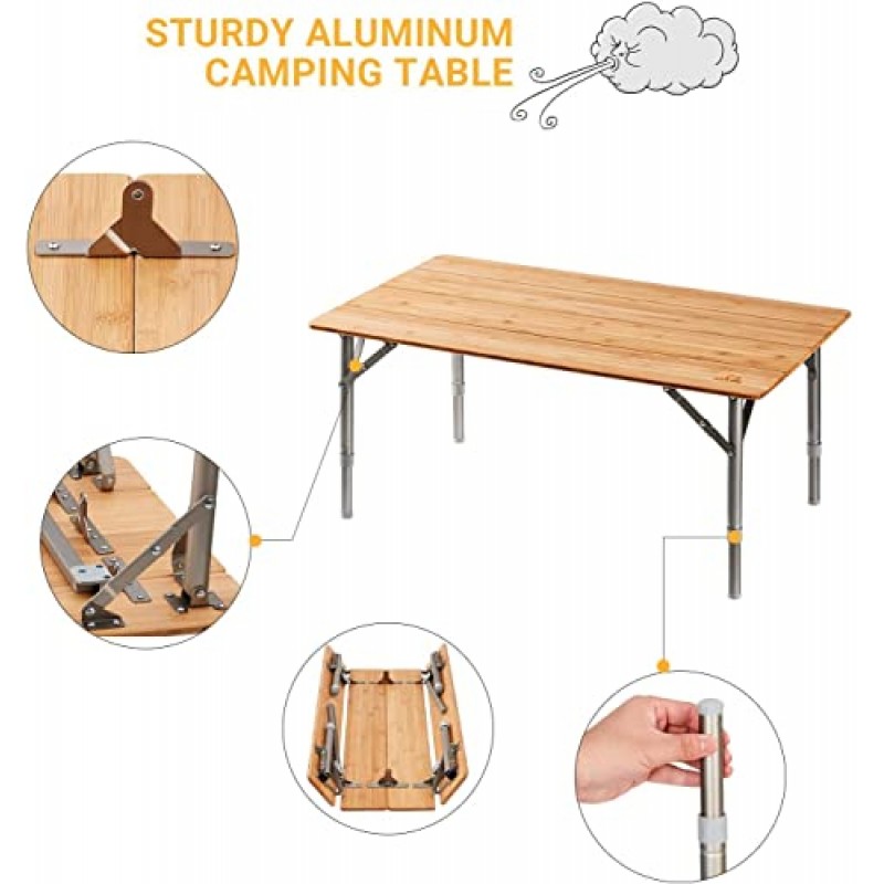 ATEPA 대나무 캠핑 테이블 높이 조절이 가능한 환경 접이식 테이블 알루미늄 다리 헤비 듀티 110lbs 여행, 피크닉, 야외 및 실내용 4배 휴대용 접이식 캠프 테이블