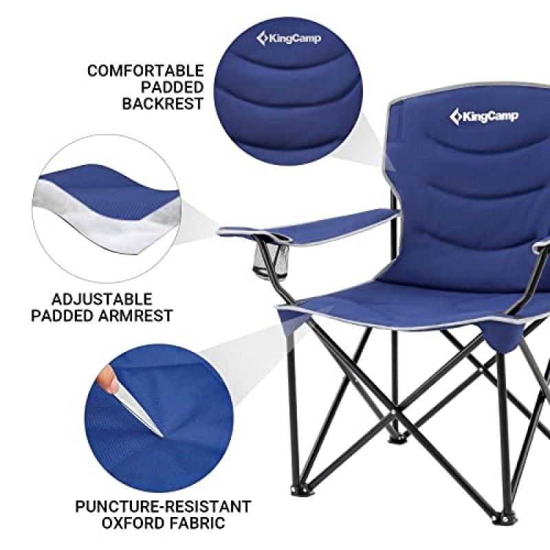 KingCamp 대형 접이식 성인용 대형 패딩 캠프 의자(사이드 포켓 ​​포함), 블루 딥