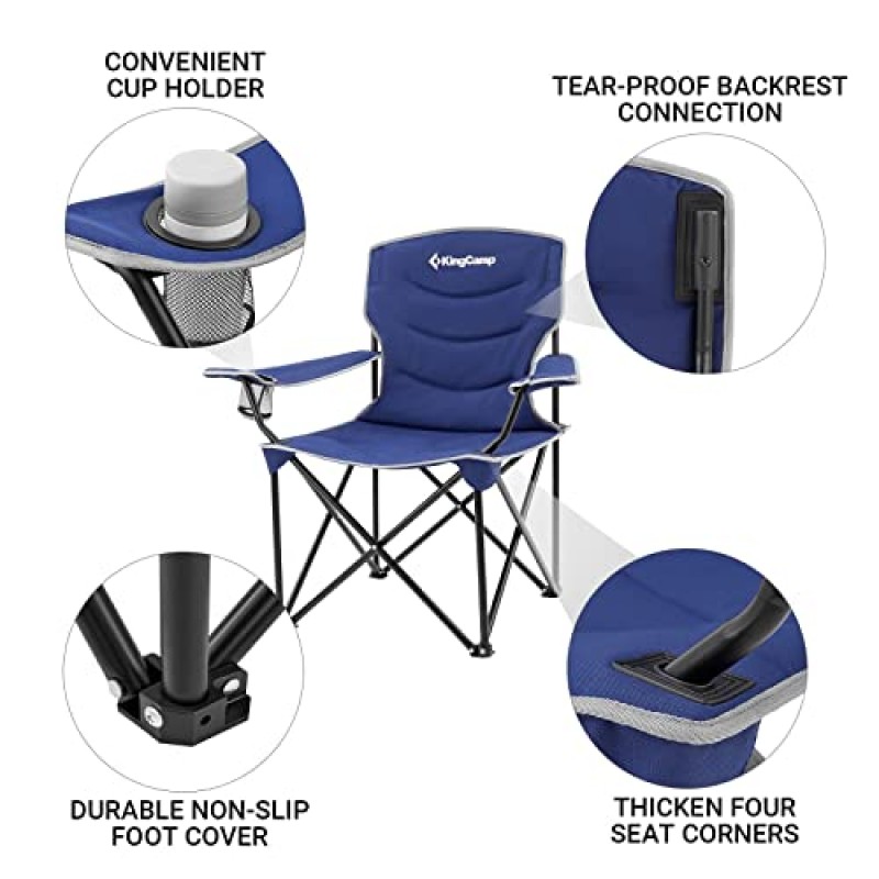 KingCamp 대형 접이식 성인용 대형 패딩 캠프 의자(사이드 포켓 ​​포함), 블루 딥