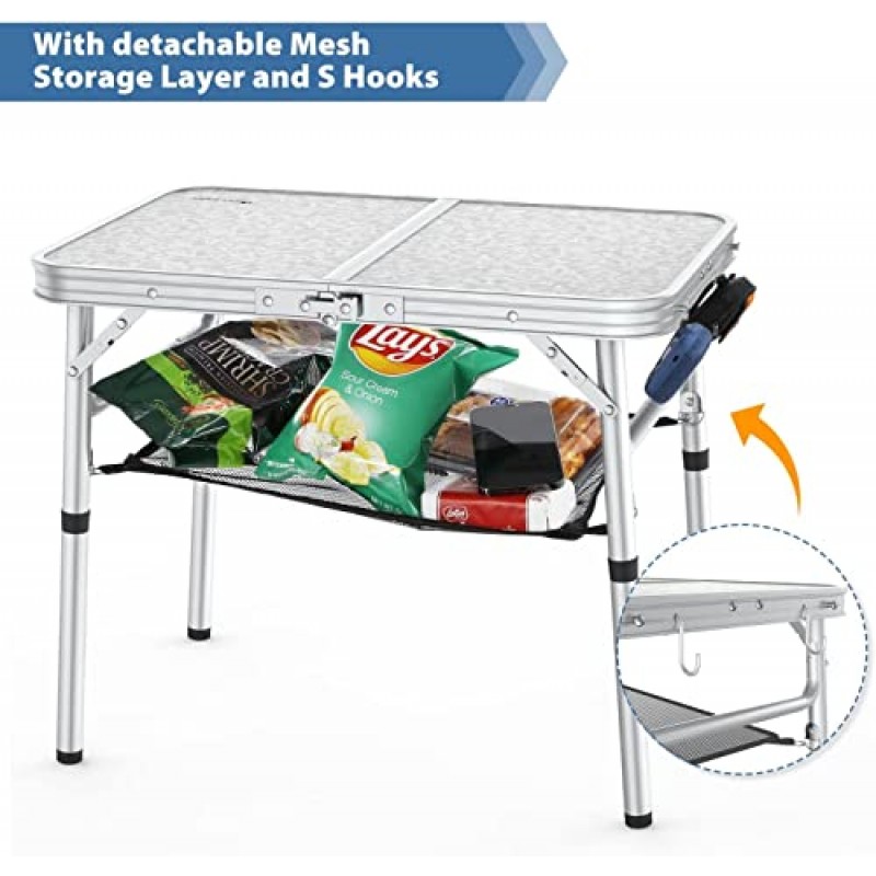 Sportneer 캠핑 테이블, 조절 가능한 높이 메쉬 레이어가 있는 작은 접이식 테이블 야외 캠프 피크닉 해변 바베큐 요리를 위한 알루미늄 다리가 있는 휴대용 캠프 테이블
