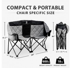 doubob 접이식 더블 캠핑 의자 프리미엄 컴포트 휴대용 러브 시트 잔디 의자 2인용 패딩 시트 및 포켓, 헤비 듀티 성인용 블랙 & 그레이