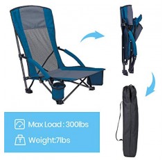 XGEAR 로우 시트 경량 접이식 비치 의자(캐리백 포함), 해변용 하이 백 메쉬 백 샌드 체어, 잔디밭, 캠핑, 여행, 최대 300파운드 지원(의자 2개 블루)