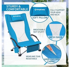 컵 홀더가 있는 KingCamp 비치 의자, 휴대용 가방이 있는 접이식 캠핑 의자, 성인용 경량 하이백 의자, 외부, 파티 및 여행용 패딩 처리된 팔걸이가 있는 휴대용 의자