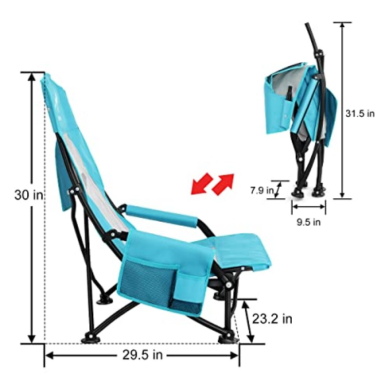 Oileus 접이식 휴대용 해변 의자, 해변 텐트 및 대피소 및 캠핑용 하이 백 로우 시트 경량 의자, 풀 메쉬 백| 컵홀더| 보관가방| 캐리백 | 팔걸이 2개