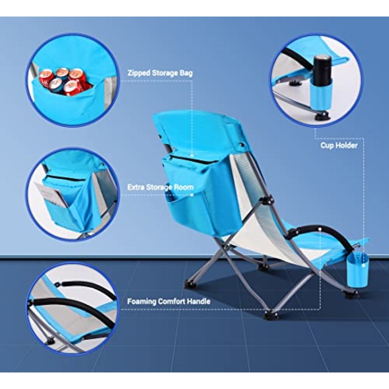 멋진 C 비치 체어, 성인용 비치 체어, 쿨러 컴팩트 하이백 포함, 컵 홀더 & 휴대용 가방 & 견고한 야외, 캠핑, 바비큐, 해변, 여행, 피크닉, 축제(원 블루)