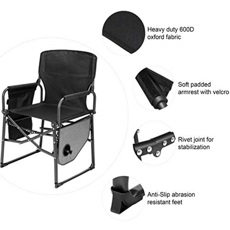 우본 스틸 프레임 휴대용 감독 의자 울트라 와이드 시트 히브 듀티 캠핑 의자(테이블 부착) 경량 접이식 야외 의자 캠핑 여행 스포츠용 사이드 포켓